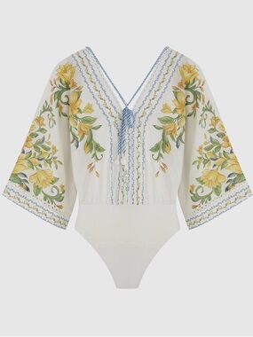 NEW FARM RIO Body Sicily Off-White {£198} Floral Yellow V-Neck Boho Bodysuit Med
